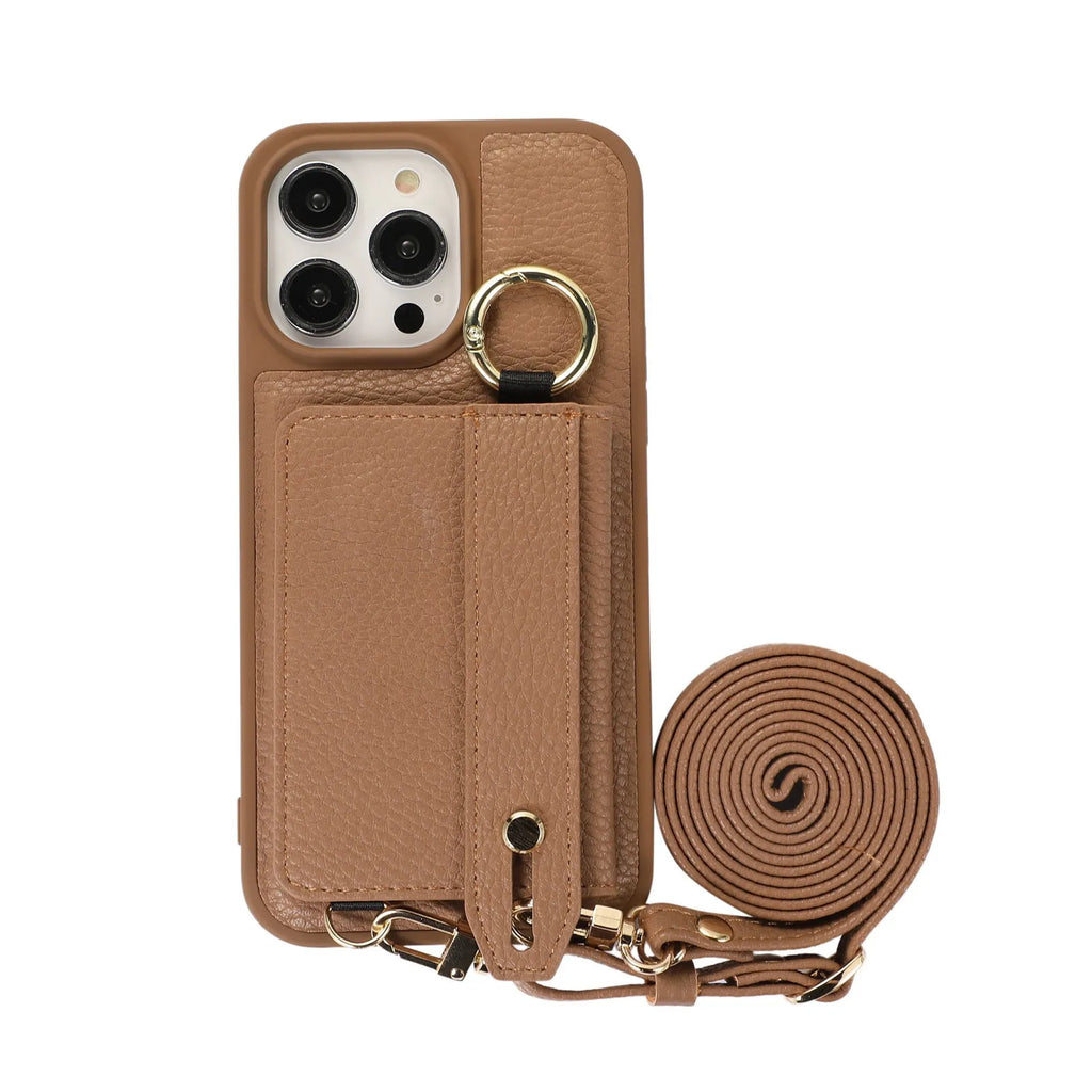 Imitation leather cross-body lanyard phone case with card clamp holder, black colour, compatible with iPhone 14 Pro Max