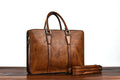 Men's 14 inch horizontal square leather handbag in business style with zipper