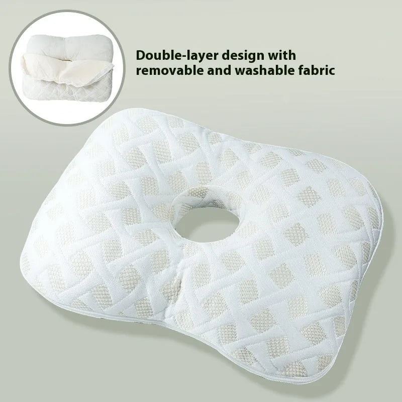 Beauty salon single hole ear pillow for adults in grey plaid pattern, showing dimensions.