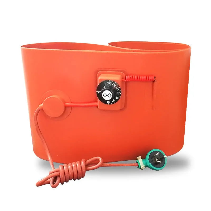 Silicone rubber heating belt wrapped around 200-litre oil drum with control panel