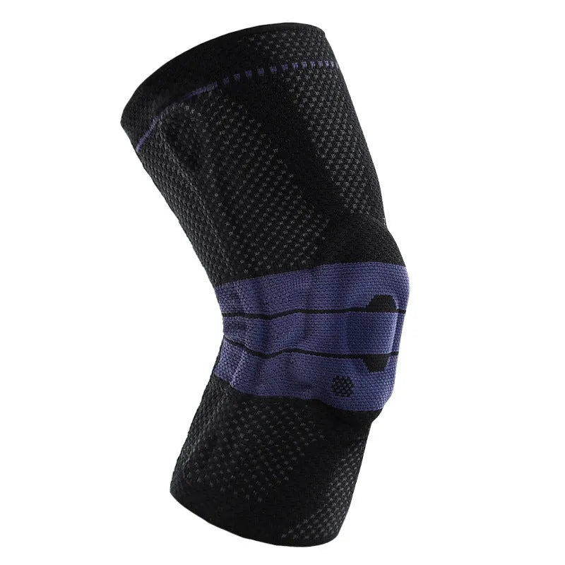Adult sports knee pads in black and blue colour, made from nylon and spandex.