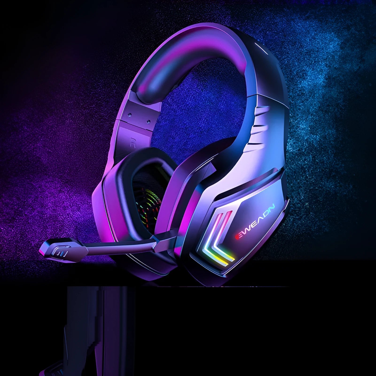 Black RGB wireless Bluetooth noise reduction headset showing headworn design and earpieces
