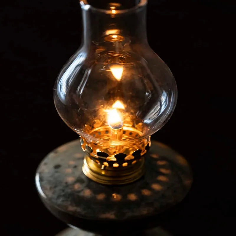 Retro split design decorative night light antique handmade kerosene lamp black Shino underglaze finish 23.8cm height on wooden shelf