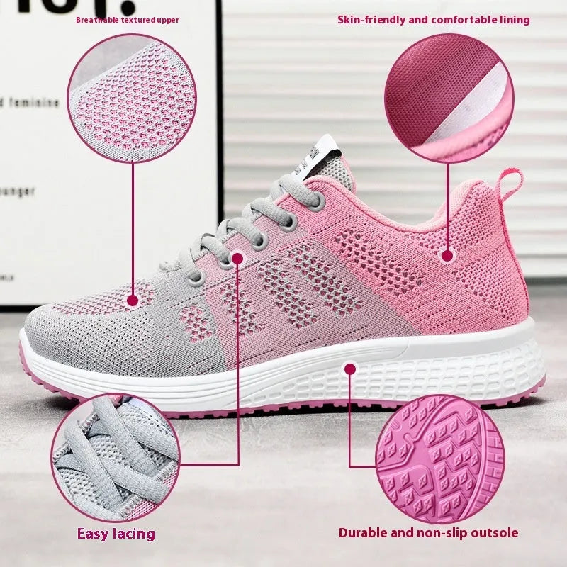 Women's Flyknit running shoes in black, rose red, and grey pink on a white background