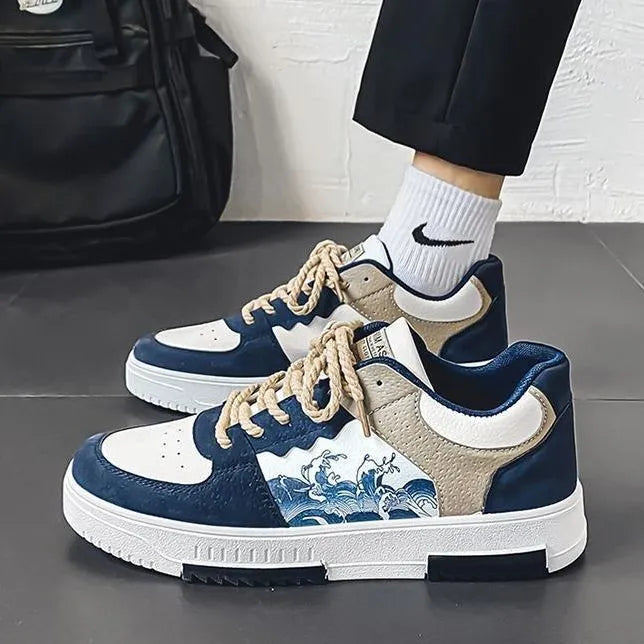Men's casual leather shoes in solid colour blue with artificial PU upper, side view