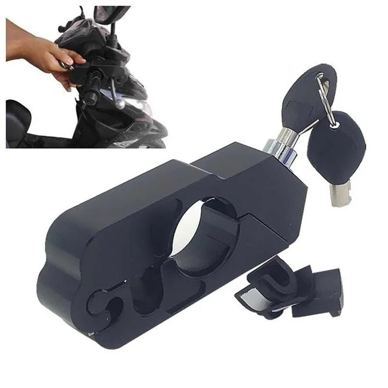 Black motorcycle handlebar lock with CNC aluminium body and stainless steel wire attached to brake lever