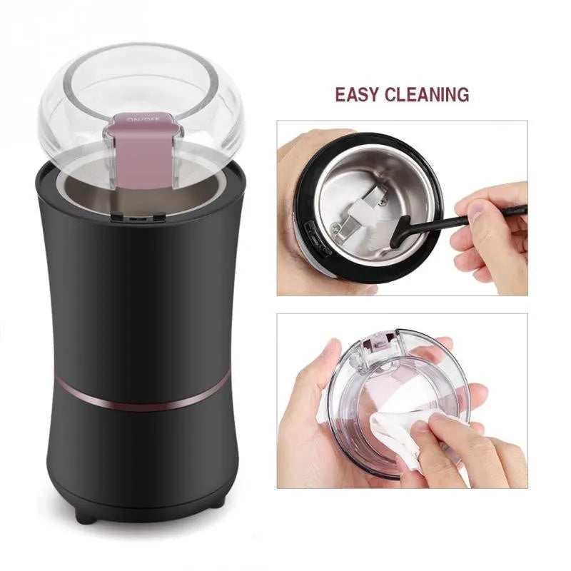 Black mini electric grinder with stainless steel liner and 400W motor for coffee beans and spices