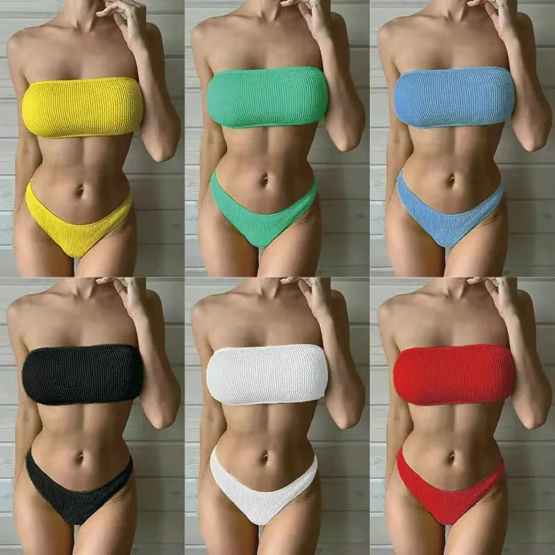 Women's solid colour snake cloth tube top and high-waist brief bikini on a white background.