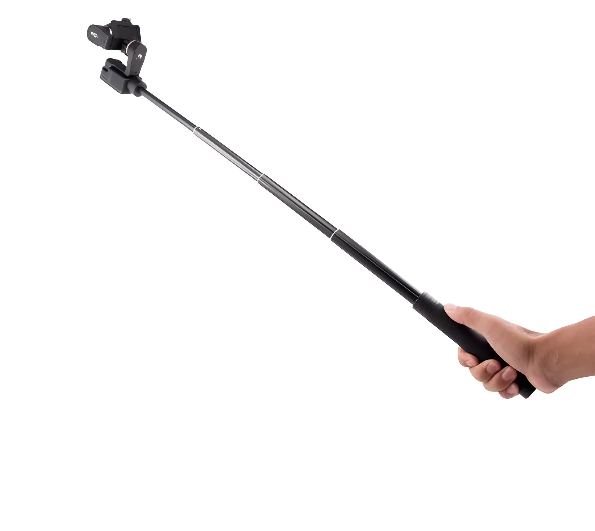 Retractable metal selfie stick with rubberised grip handle and smartphone mount, shown extended.