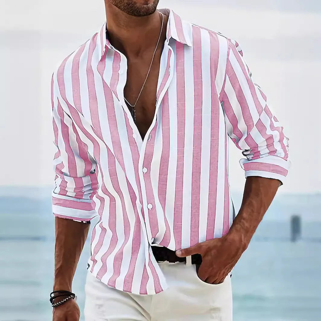 Man wearing a loose-fit yarn-dyed striped long-sleeved casual shirt in light grey.