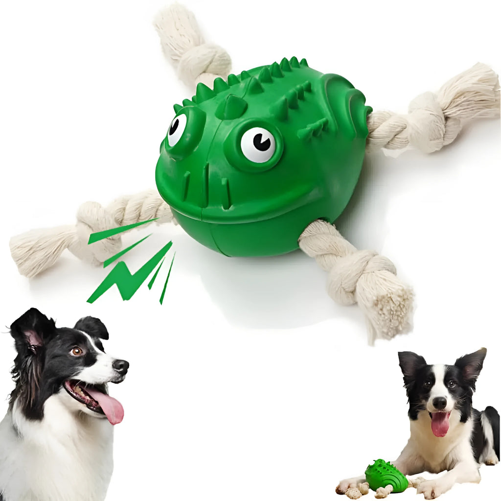 Green indestructible rubber toad dog toy with cotton rope legs and black button eyes, for aggressive chewers