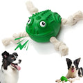 Green indestructible rubber toad dog toy with cotton rope legs and black button eyes, for aggressive chewers