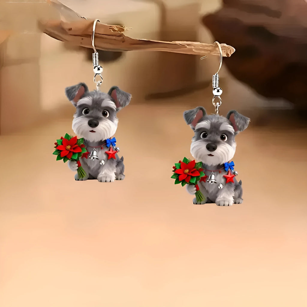 Flat cartoon schnauzer dog acrylic earrings in Christmas style on a white background