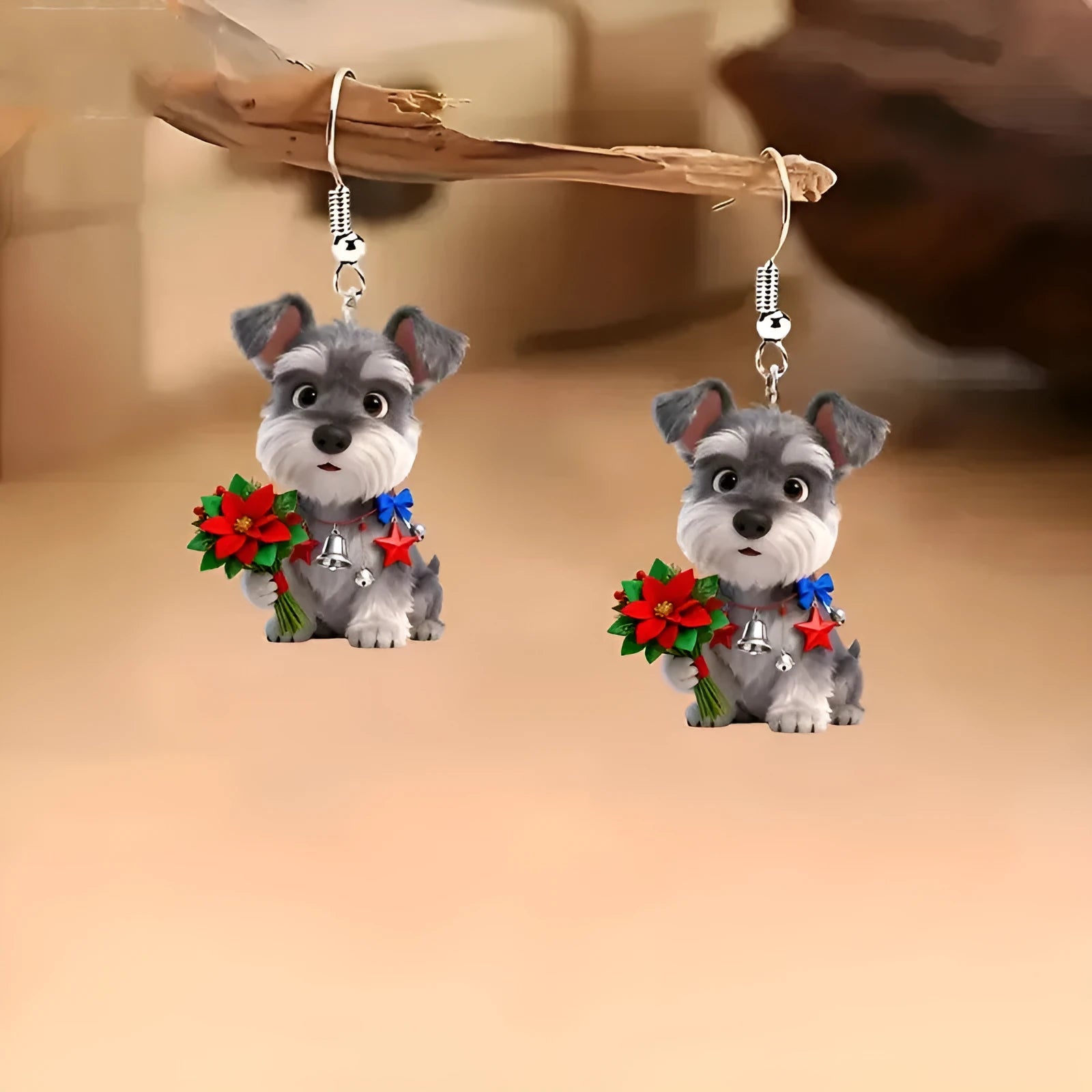 Flat cartoon schnauzer dog acrylic earrings in Christmas style on a white background