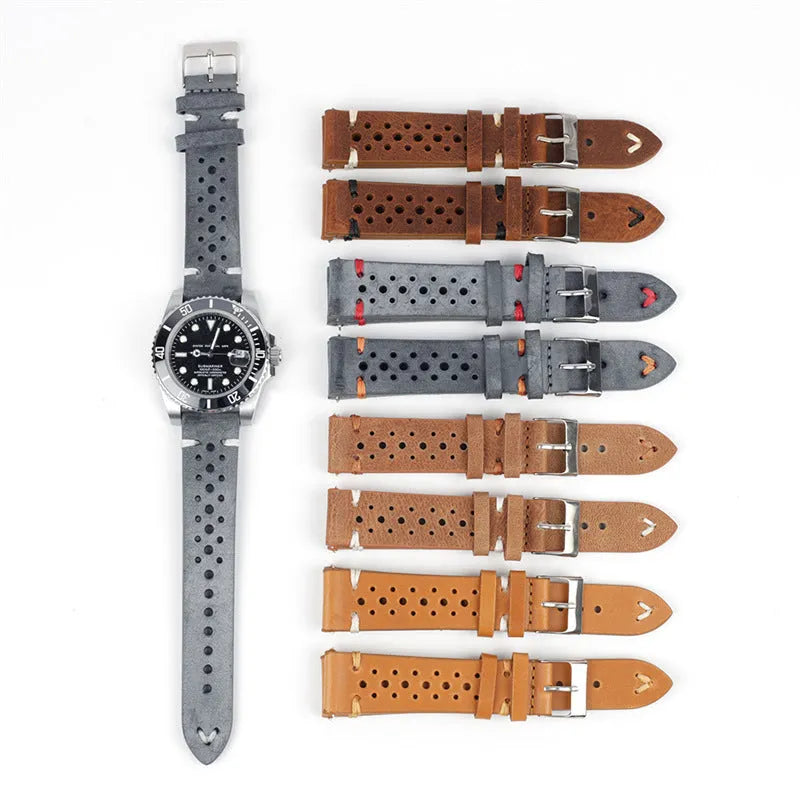Handmade retro genuine leather watch band with white stitching on brown leather, 20mm width