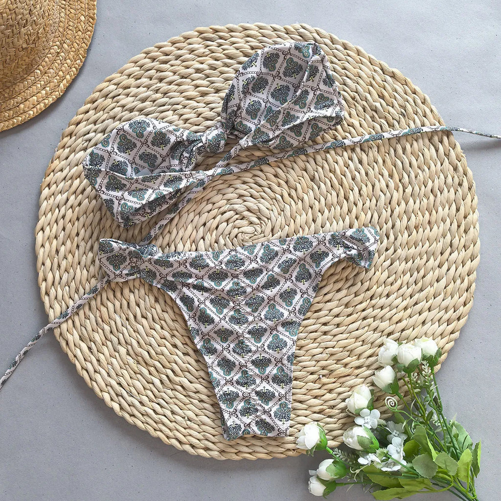 Women's push up bikini in gray nylon with split design, top and pants set