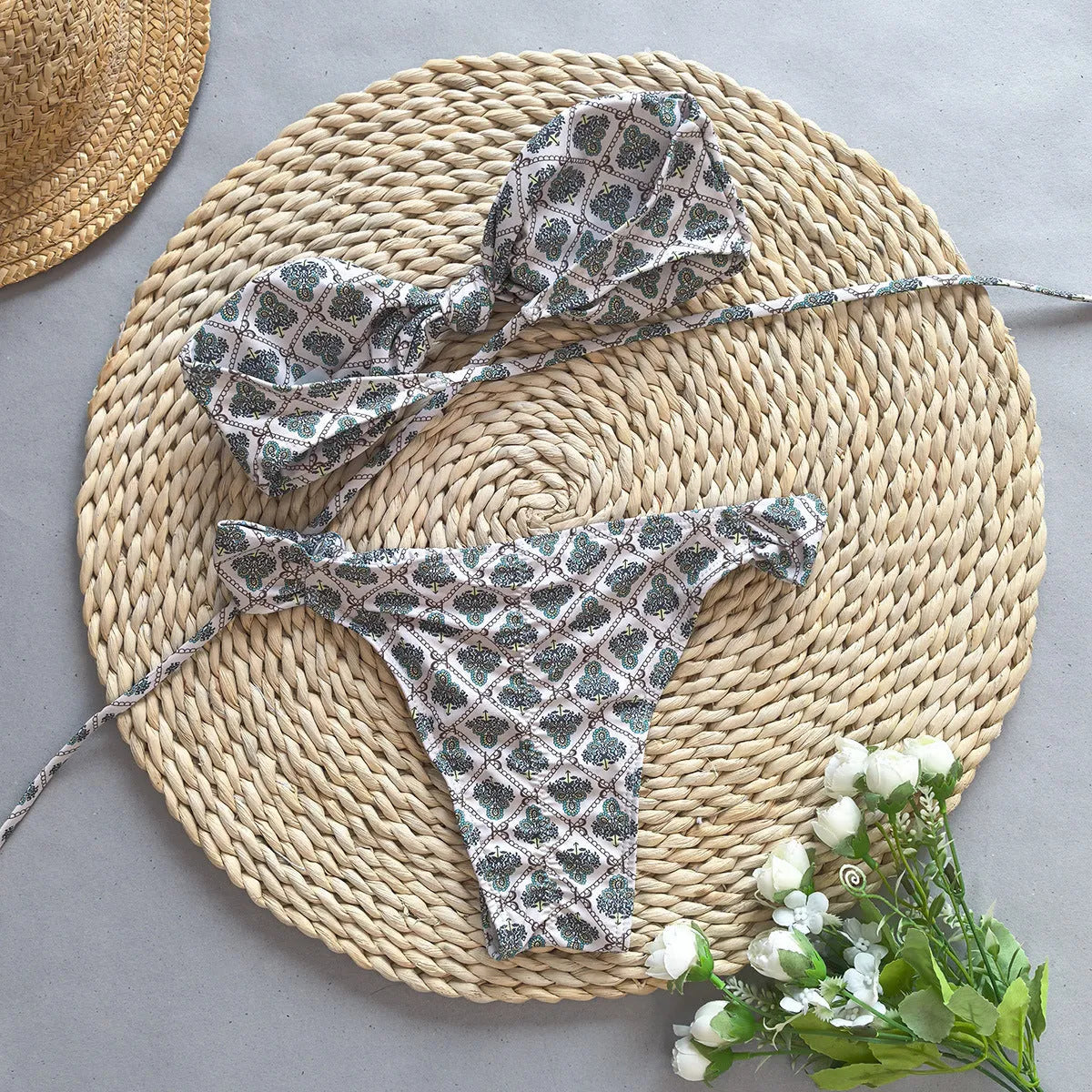 Women's push up bikini in gray nylon with split design, top and pants set