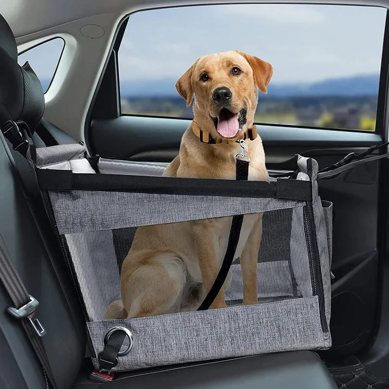 Collapsible oxford cloth dog crate in grey, shown with shoulder strap.