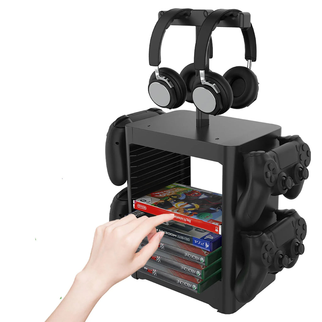 Black ABS gaming console storage rack with hanging controllers, headphone top and drawer for PS5 Xbox Switch accessories