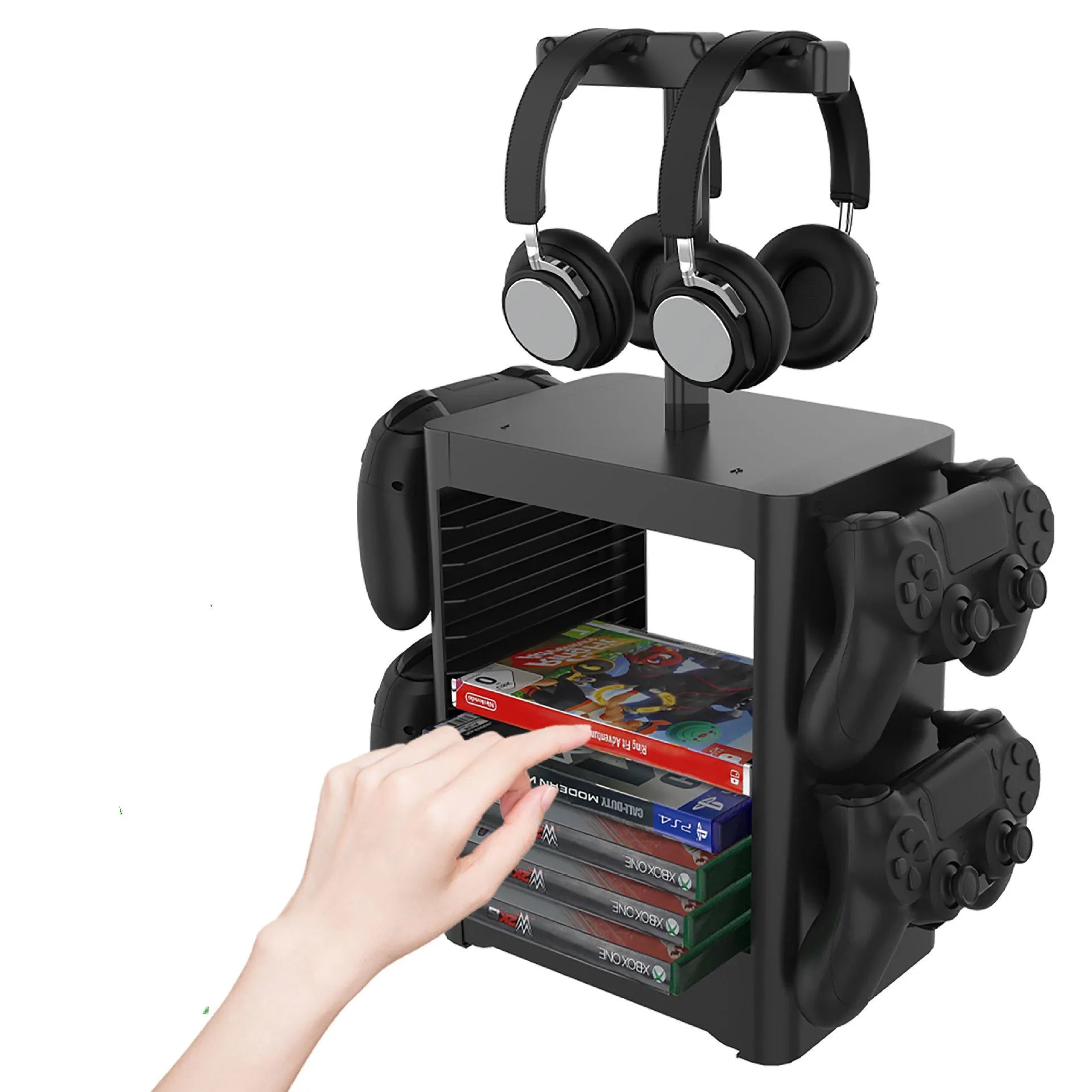 Black ABS gaming console storage rack with hanging controllers, headphone top and drawer for PS5 Xbox Switch accessories