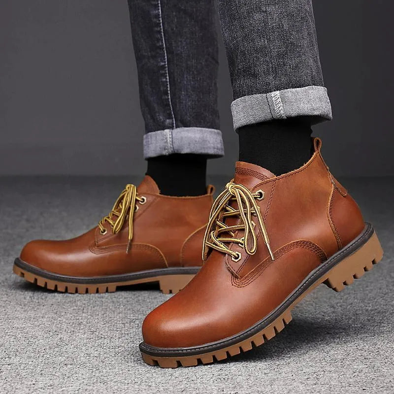 Brown first layer cowhide leather Martin boots with round toe and front lace-up closure