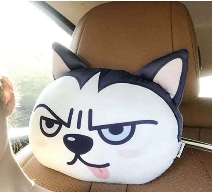 Cat car headrest pillow with cartoon print, oblong shape, removable cover for adult seat