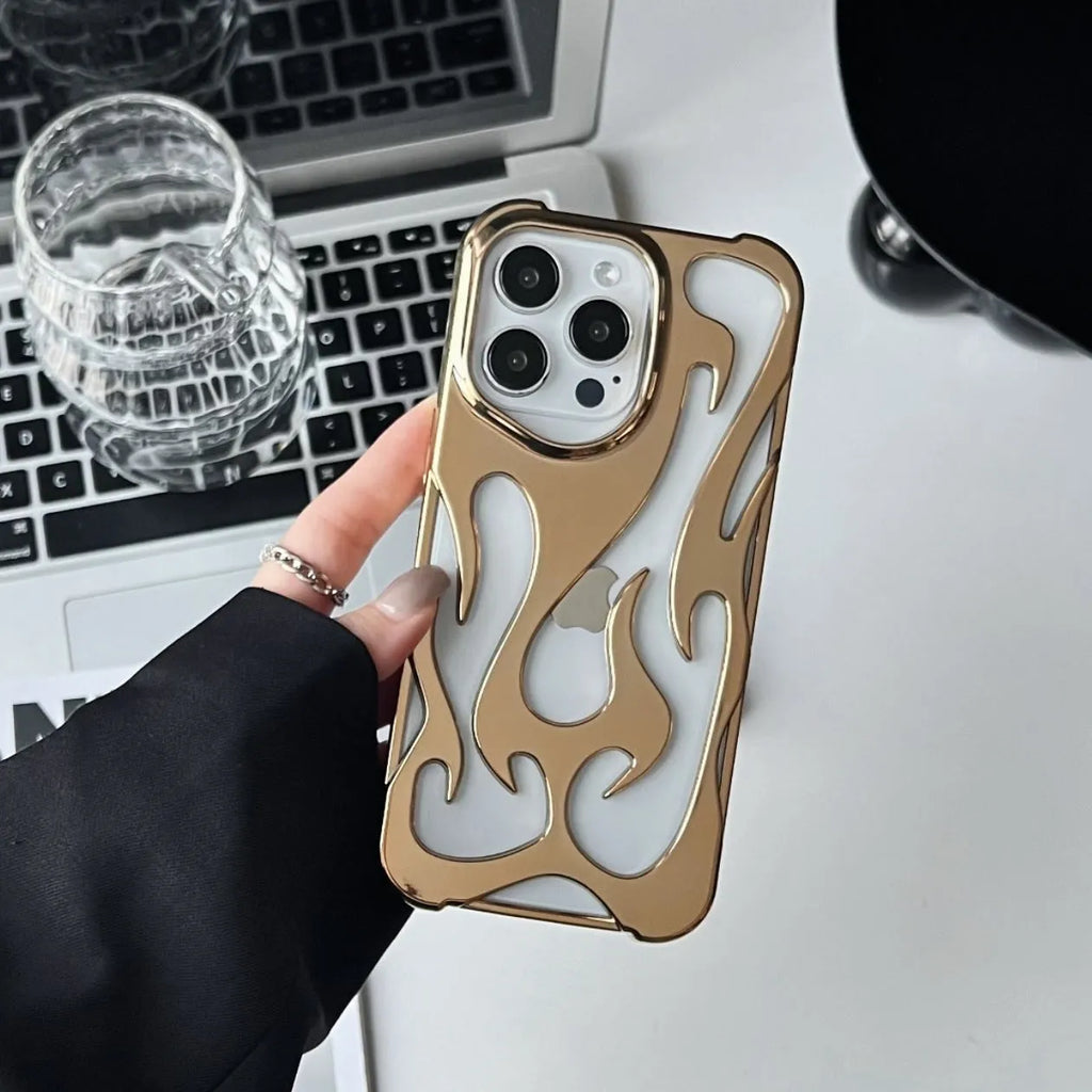 Electroplated hollow flame pattern iPhone case in silver, showing detailed cut-outs and metallic finish on a phone.