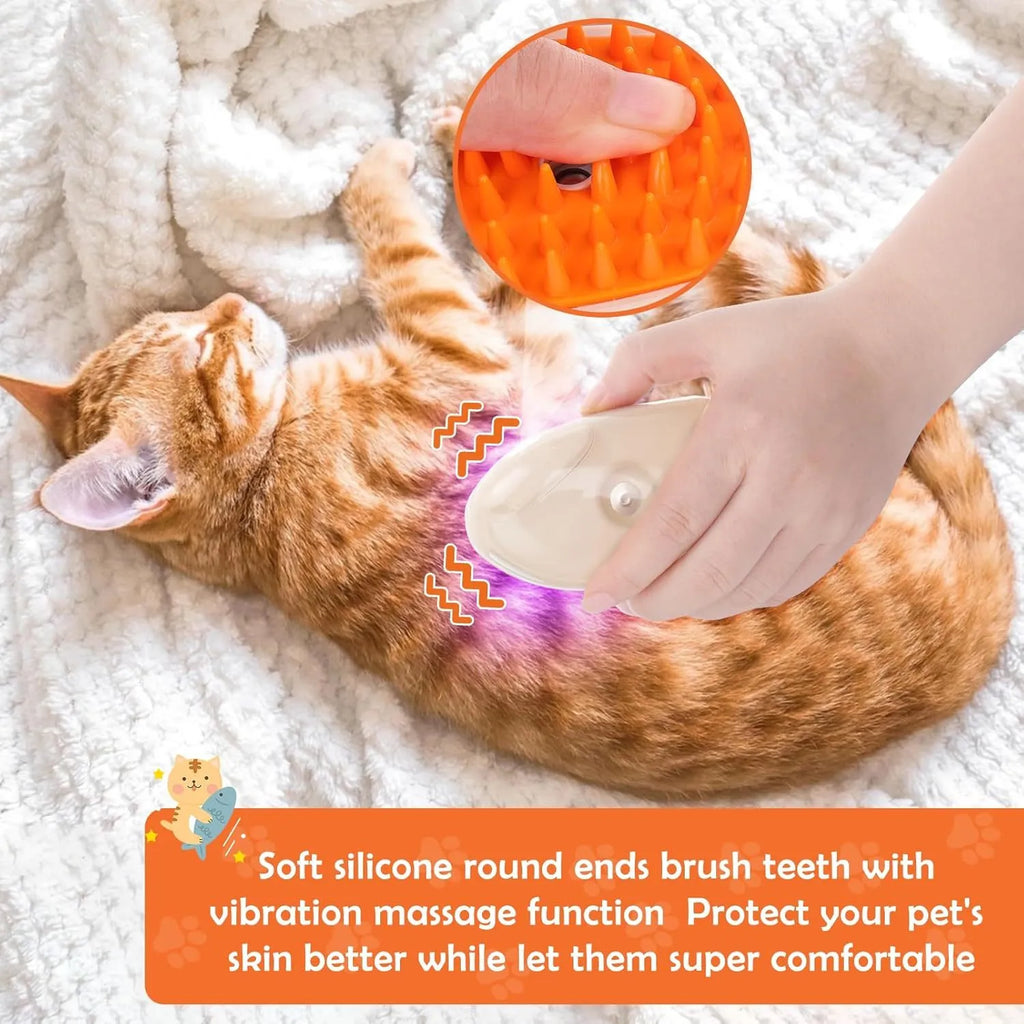 Yellow rechargeable cat steam brush with silicone teeth, water tank, and UV lamp for pet grooming.