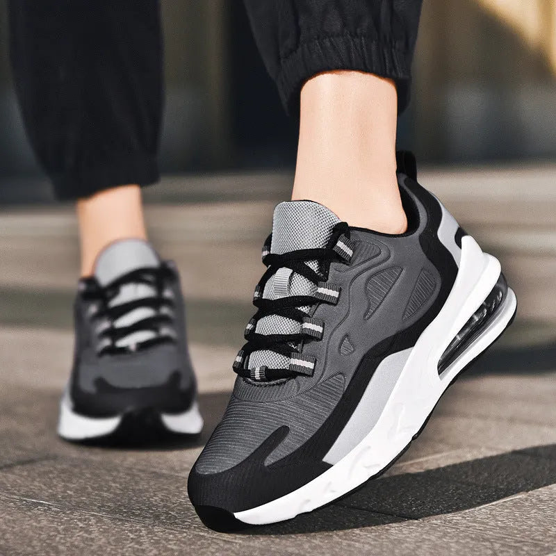 Breathable low-top men's sports shoes with flying line upper and air cushion sole, available in multiple colours