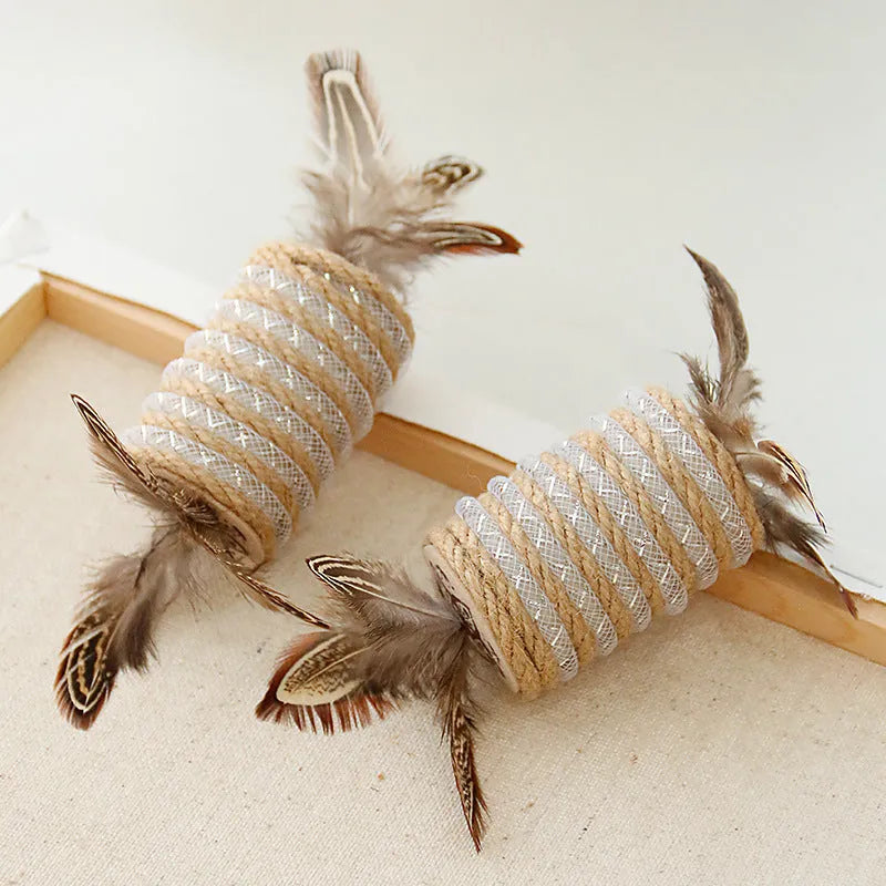 Beige cat toy with hemp rope, feathers, and a sound roller for scratching and interactive play.