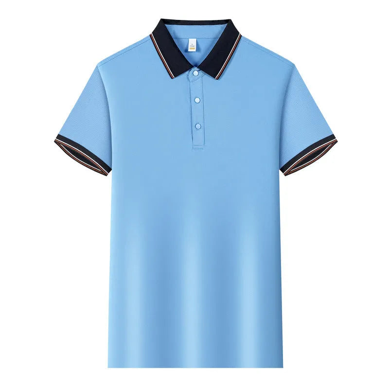 Short-sleeved light blue work shirt with a turnover collar and dark contrast stitching on the seams and pocket.