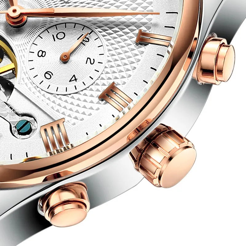 Automatic hollow tourbillon mechanical watch for men round alloy case 42mm dial leather band