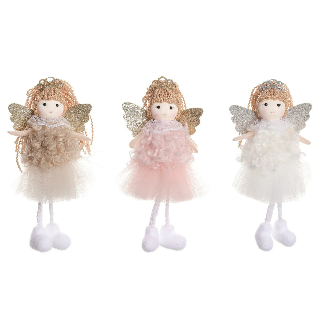 Cartoon angel cloth hair pendant on a girl's high ponytail in white, pink, and khaki colours.