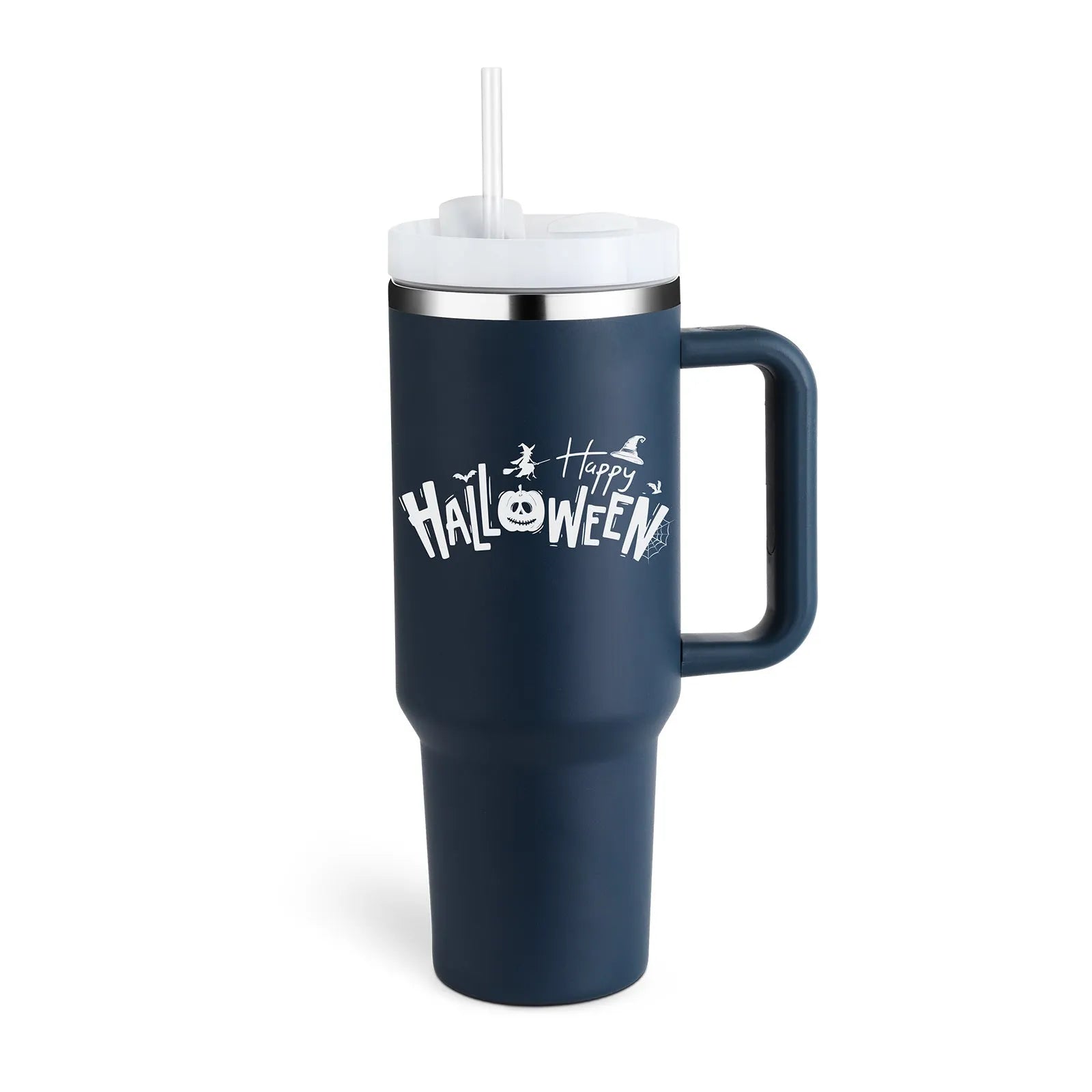 40 oz stainless steel insulated tumbler with a black handle, straw, and grey lid on a wooden table