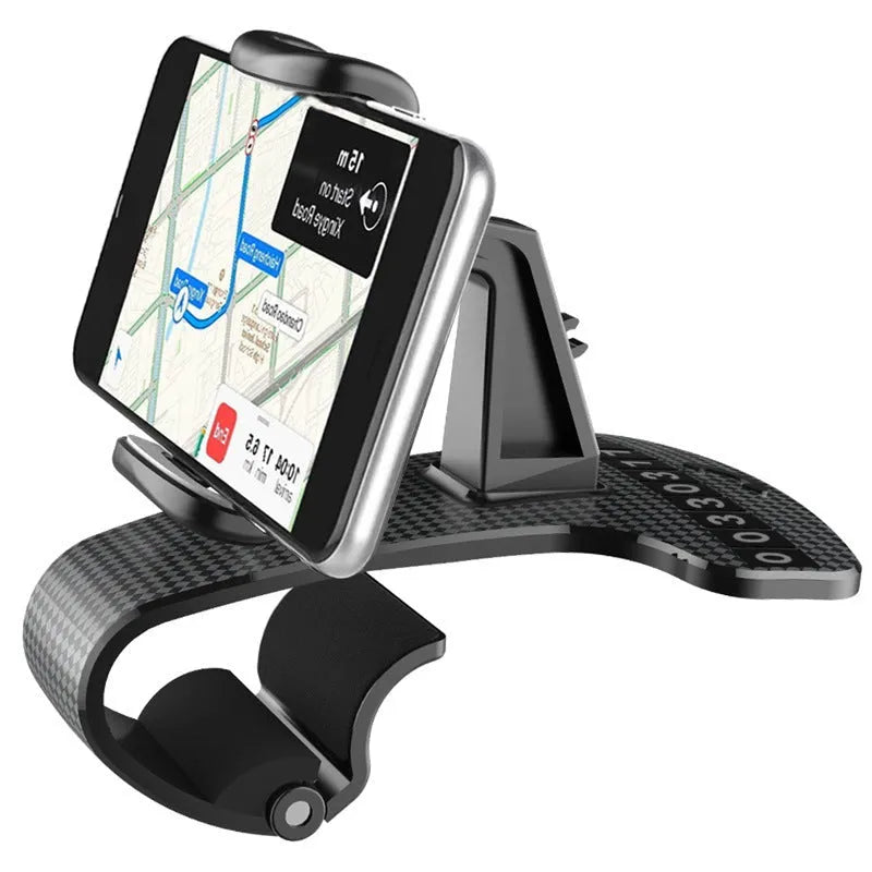 Black car phone stand with 360-degree rotating head and adjustable side grips for smartphones.