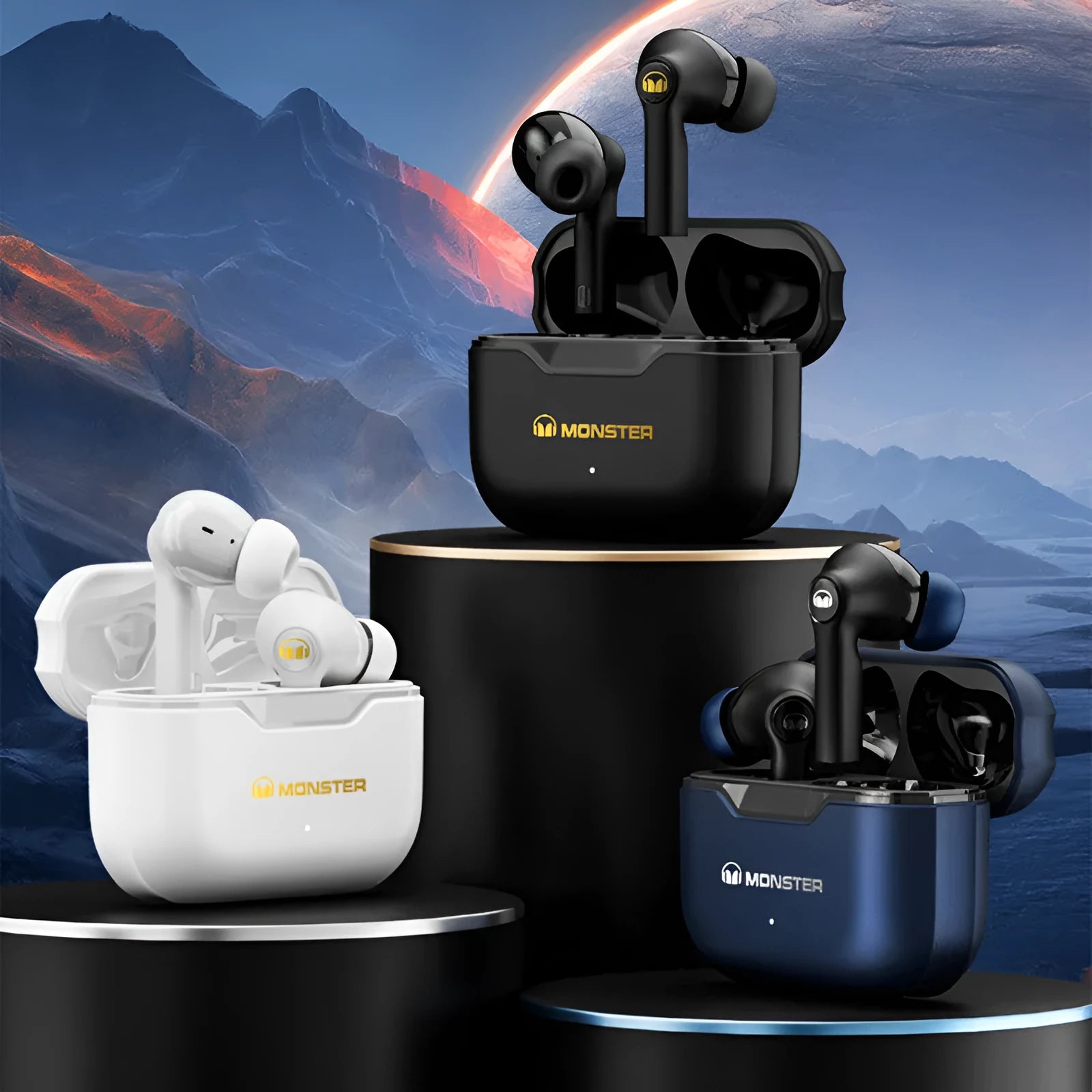 True wireless Bluetooth earbuds in black, white, and blue colours with USB charging cable