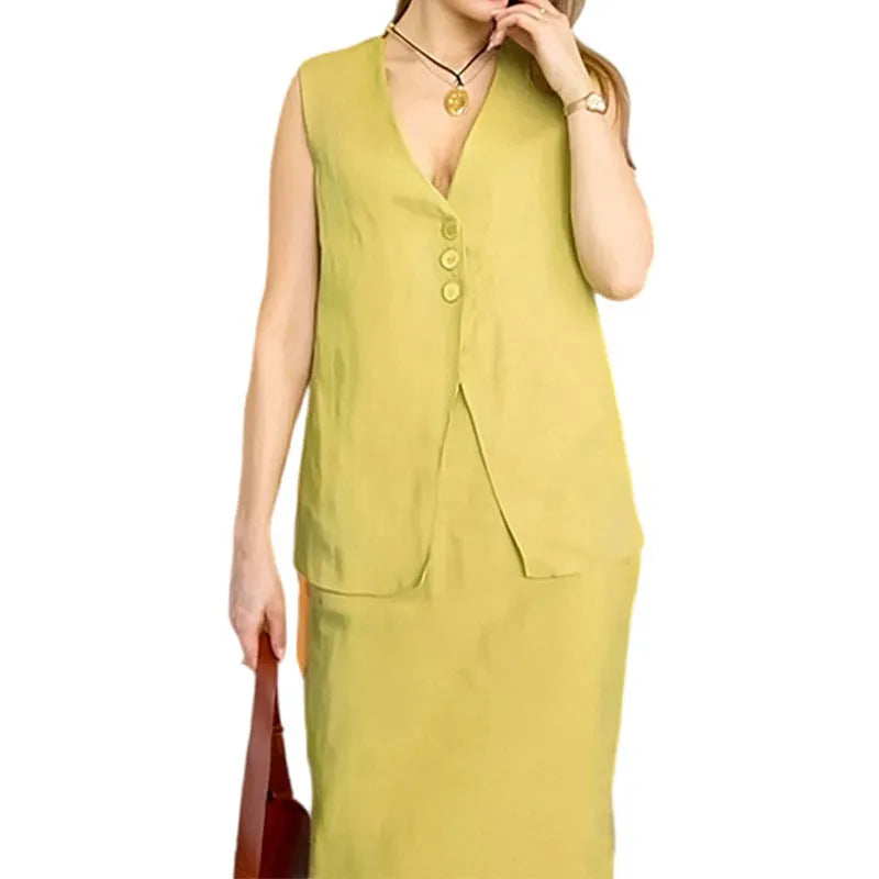 A woman's blue sleeveless vest and long skirt two-piece suit on a hanger.