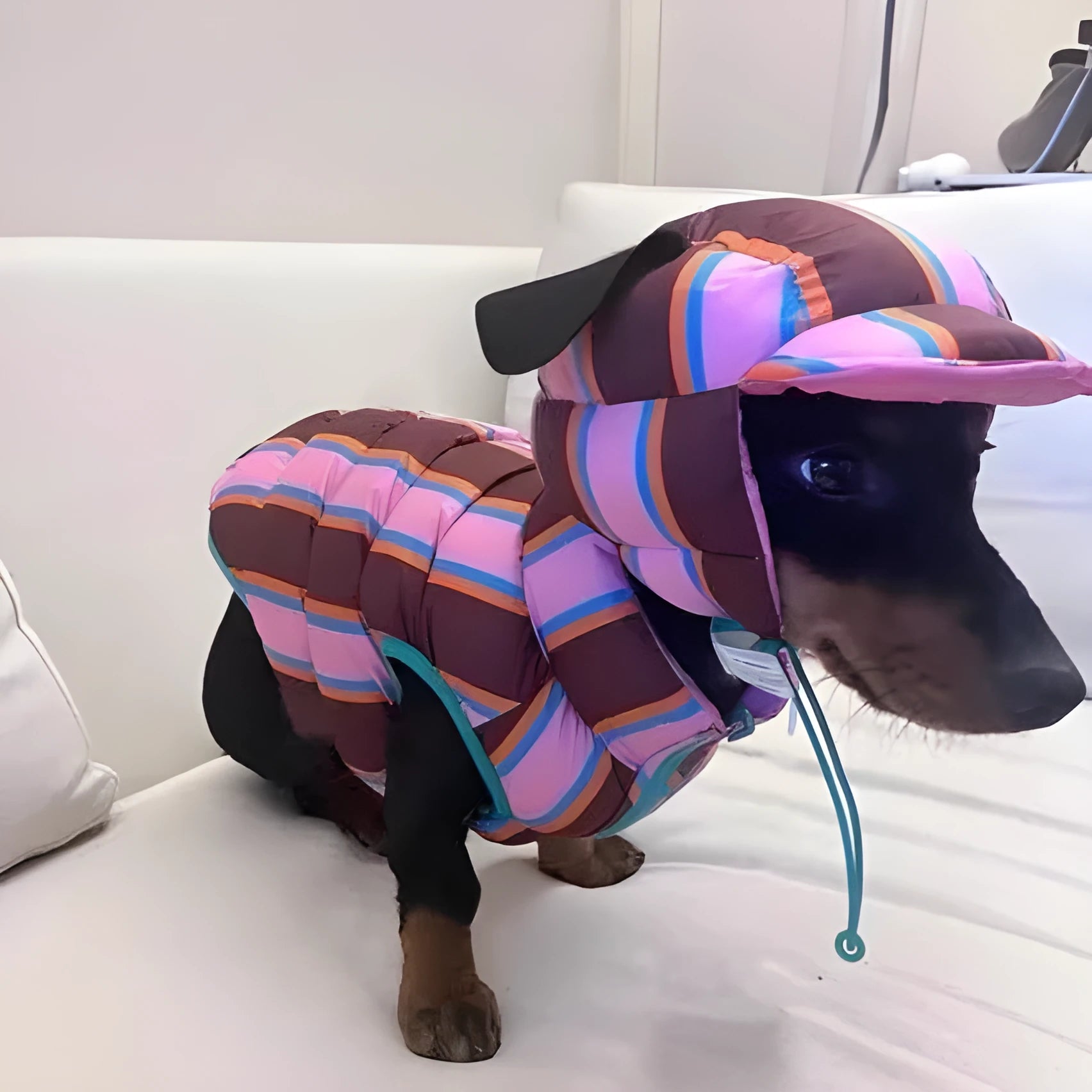 Dirty pink striped dog vest with matching hat for small dogs in winter.