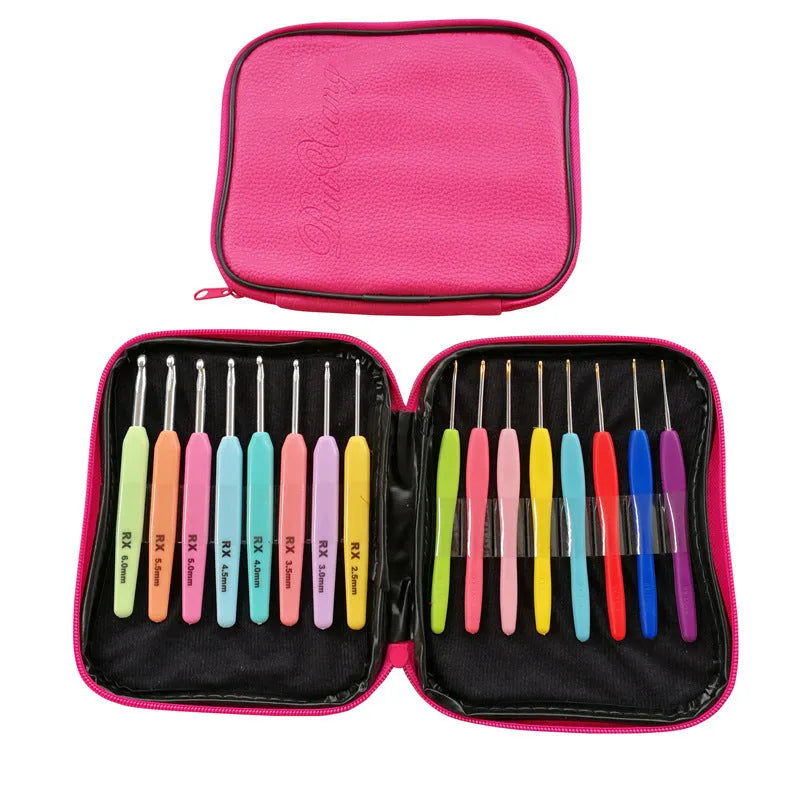 Set of 16 crochet hooks with two handle types in a grey PU fabric storage bag.