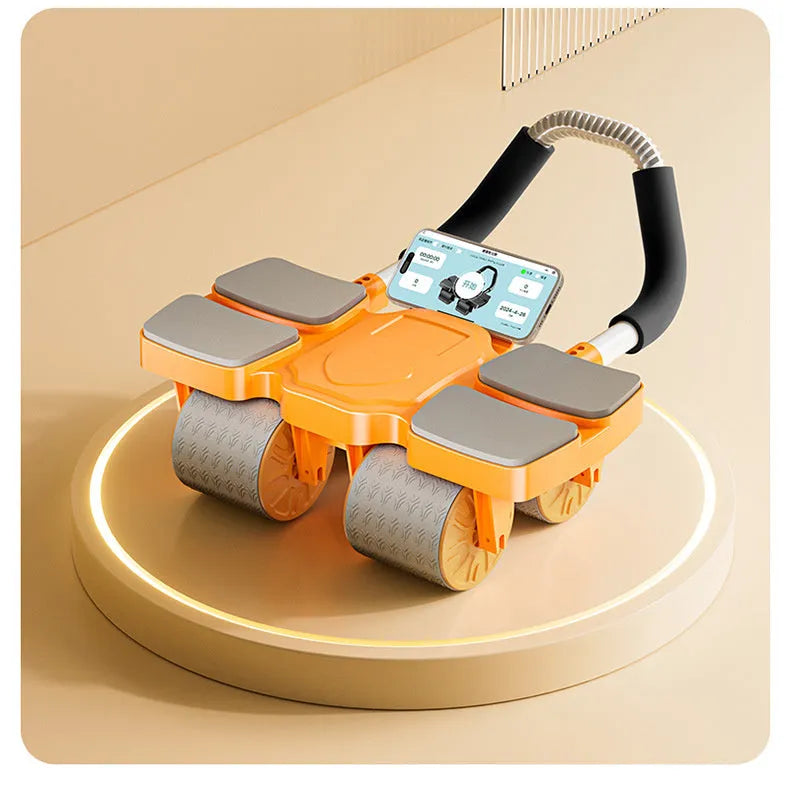 Black automatic rebound abdominal wheel with four blue wheels and textured handles on a wooden floor.