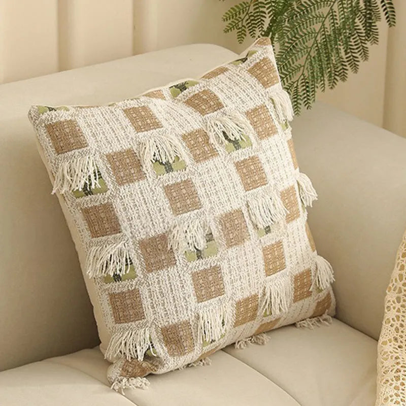 45cm square jacquard woven cushion cover with embroidered floral pattern in retro Nordic style