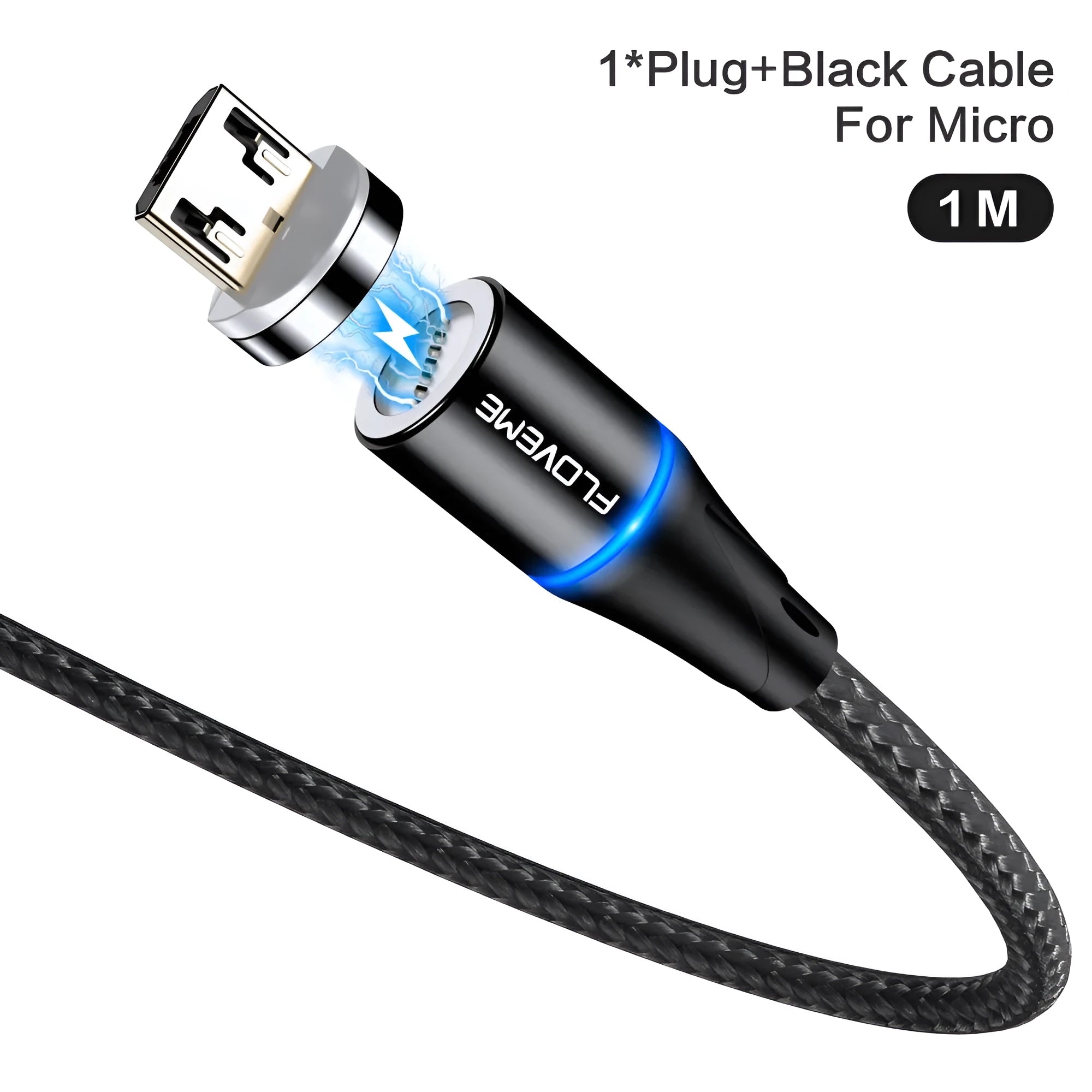Black magnetic charging cable with LED light indicator for Apple and Android smartphones