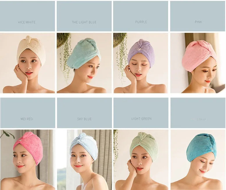Soft microfiber hair dryer cap for women, shown in assorted colours, measuring 60cm by 25cm.