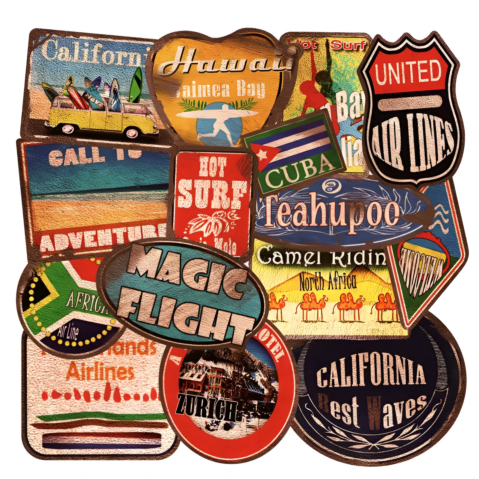 36 retro beach theme stickers with surfing and travel designs in sizes 6cm to 10cm
