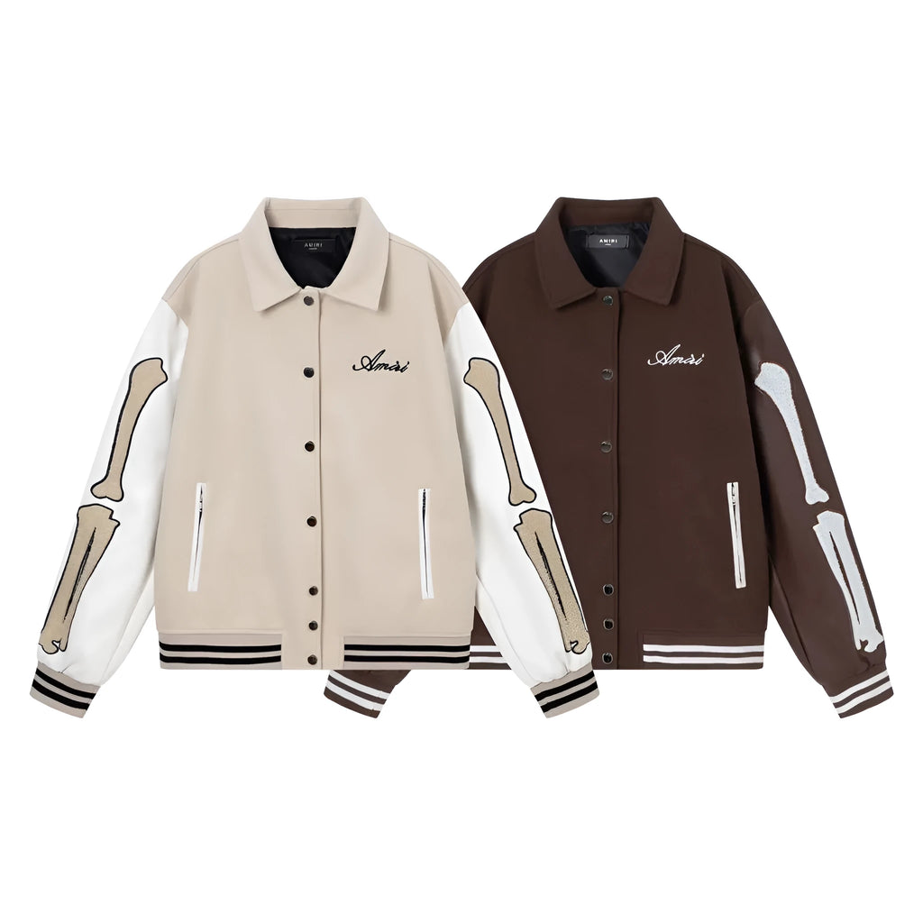 Women's apricot bomber jacket with bone embroidery on sleeves and ribbed cotton blend collar
