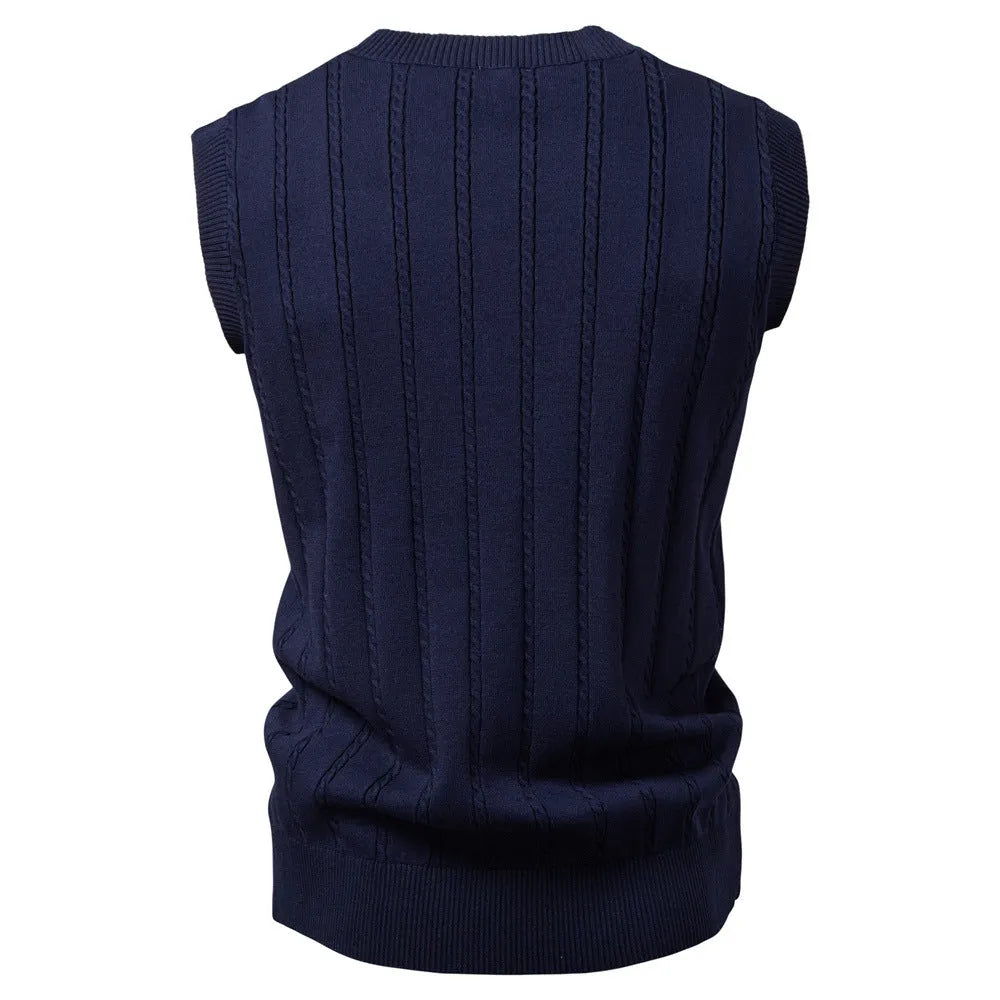 Men's V-neck twist sweater vest in dark blue, slim fit pullover style, chemical fibre blend