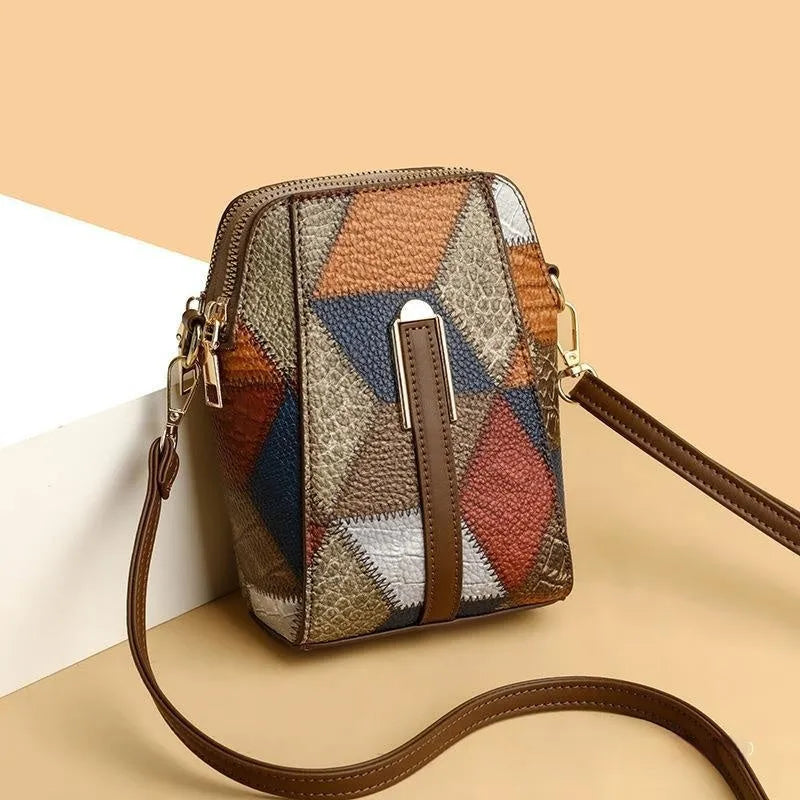 Fashion soft PU shoulder bag with visible stitching detail in irregular blue and brown colour