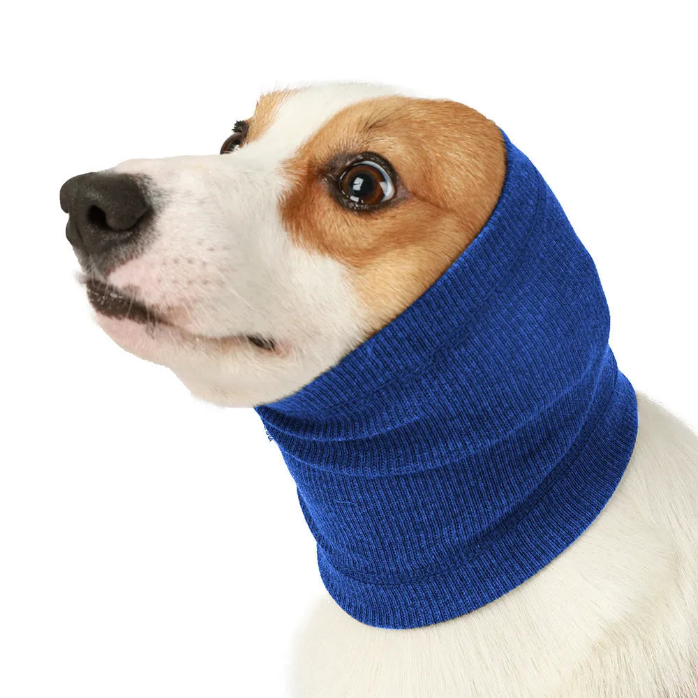Blue and grey polyester dog headband scarf accessory shown in small, medium, and large sizing options