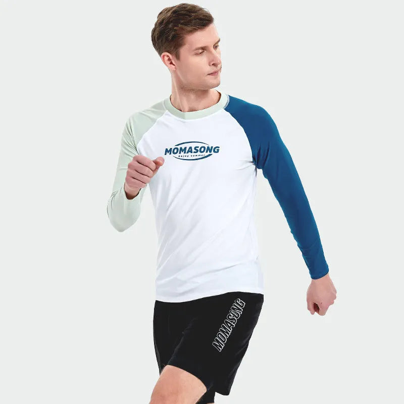 Men's white long sleeve swim top and matching trunks set for beach and surfing.