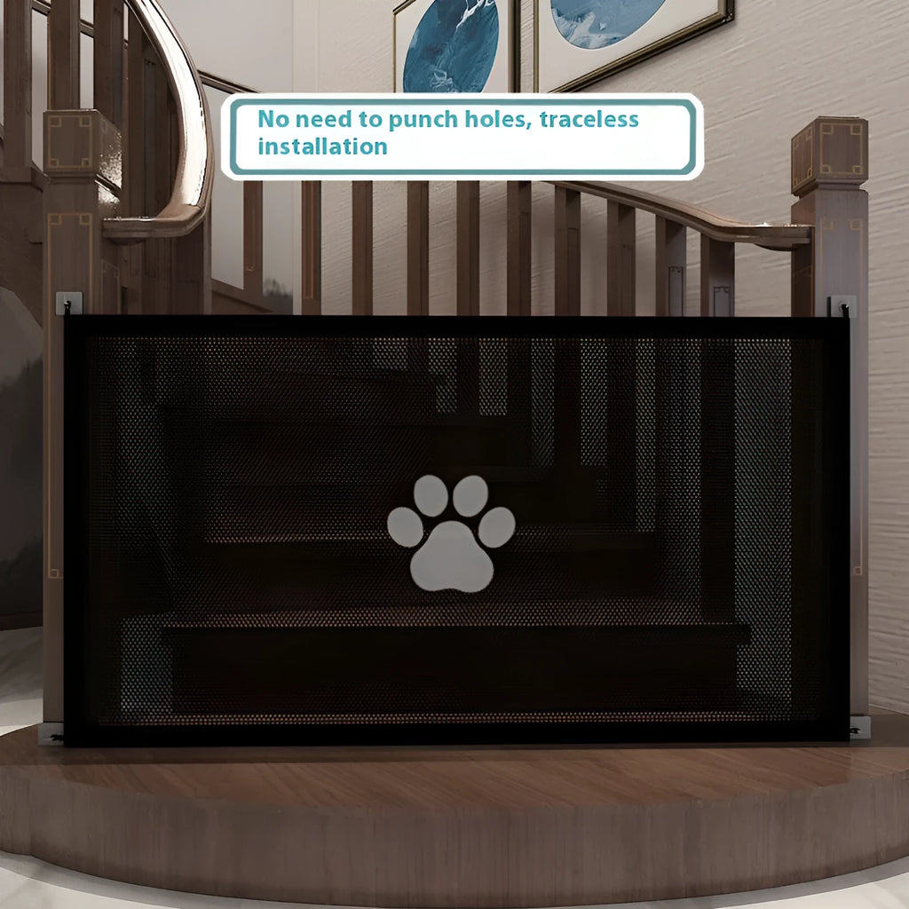 Folding cloth dog barrier fence with plastic rods, shown in dog footprint print, folded and unfolded.